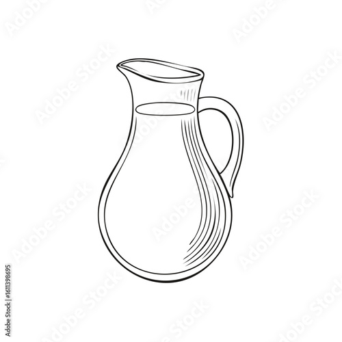 Hand drawn line art illustration of a traditional glass pitcher filled with liquid like milk or water