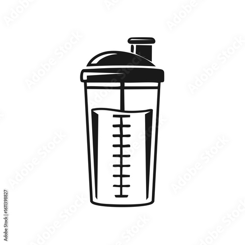 Clean black and white line art illustration of a shaker bottle with measurement markings inside