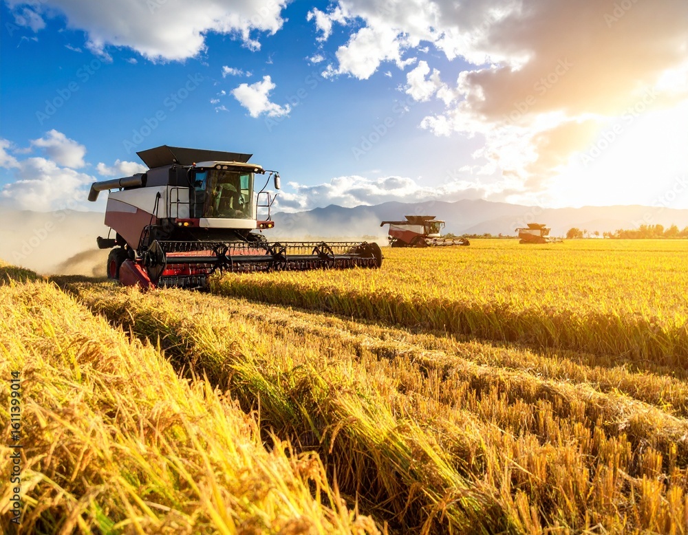 Naklejka premium 秋晴れの田園と黄金色の稲穂