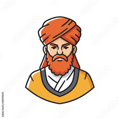 Man with orange turban and beard in traditional attire  