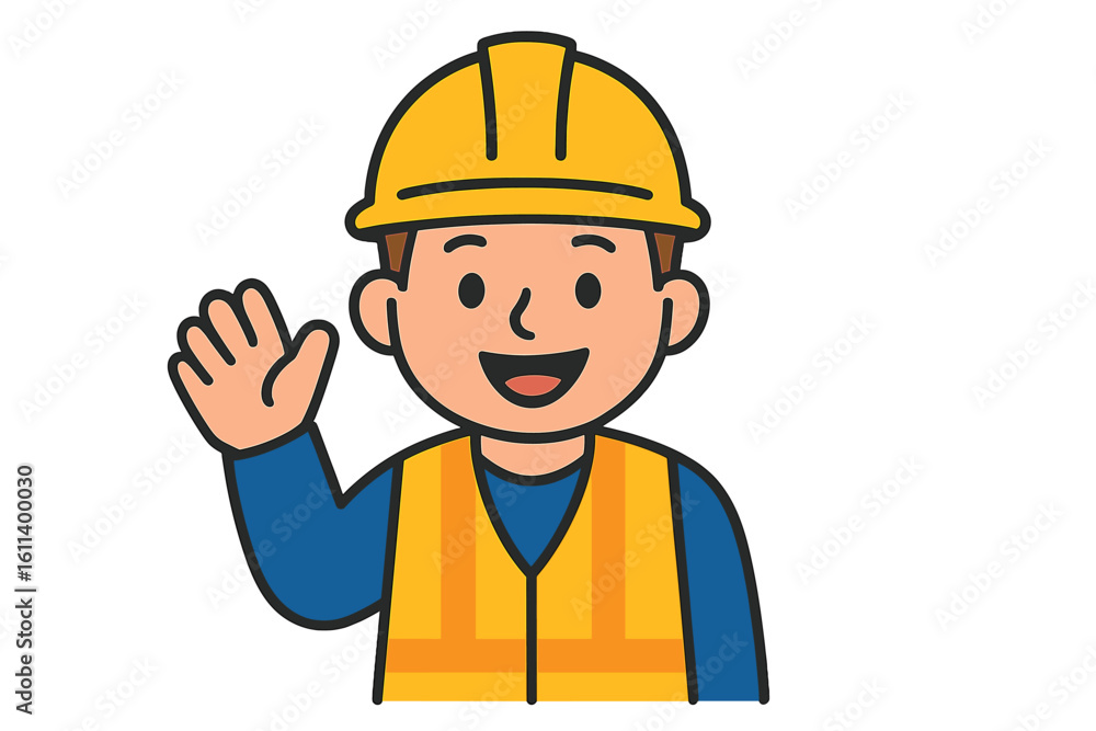 A man wearing a construction safety vest and helmet offers a welcoming gesture, ideal for representing construction safety and worker themes A man wearing a construction safety vest and helmet offers a welcoming gesture, ideal for representing construction safety and worker themes