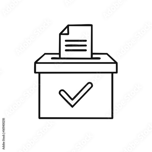 Voting box line icon with ballot paper and check mark for election or political poll