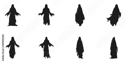 Ghostly Figures In Silhouette Set. Halloween And Horror Theme Collection. Spooky And Supernatural Use. Isolated Vector Illustration