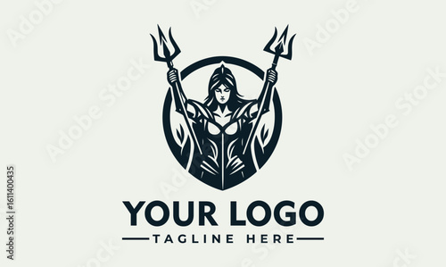 Powerful female warrior logo design, wielding tridents, encircled by flames, ready for battle.