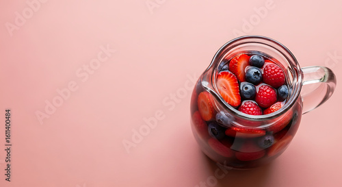 Refreshing Glass Pitcher Filled with Mixed Berries on Pink Background
