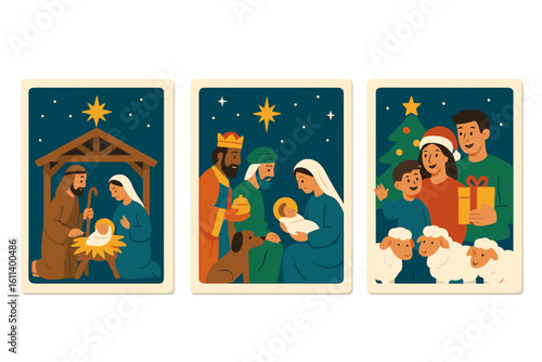 A set of Merry Christmas vector brochure cards featuring the birth of Christ, suitable for use as templates in flyers, magazines, posters, book covers, and banners, with modern layout elements and