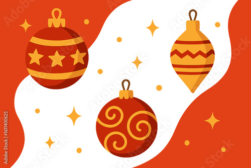 Una tarjeta o pancarta de Feliz Navidad y Año Nuevo en rojo sobre fondo blanco y rojo, decorada con bolas de Navidad de colores, cinta roja, y brillo dorado y plateado