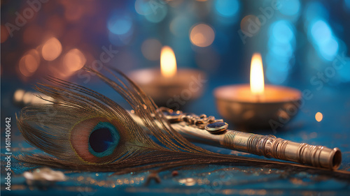 Lord Krishna bansuri with mor pankh and oil lamps blur, divine atmosphere with golden fabric, Hindu festival celebration setup, 4k image