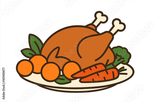 Vector illustration of a cartoon baked Christmas turkey, featuring a crispy roasted whole poultry dish with crust on a plate, ideal for family dinners during Xmas and Thanksgiving