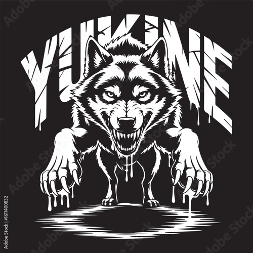 Dark art wolf angry scary head black and white. Wolf is ready for hunting and attacking t-shirt design and logo design 