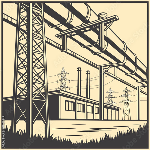 Monochrome Illustration of Industrial Pipes and Power Plant