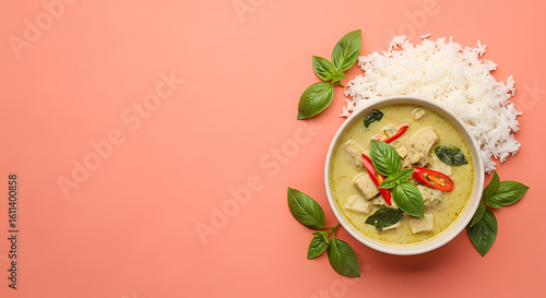 Thai Green Curry with Tofu Red Chili Basil and Jasmine Rice on Coral Background