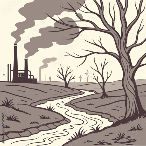 Monochrome Illustration of a Polluted Industrial Landscape