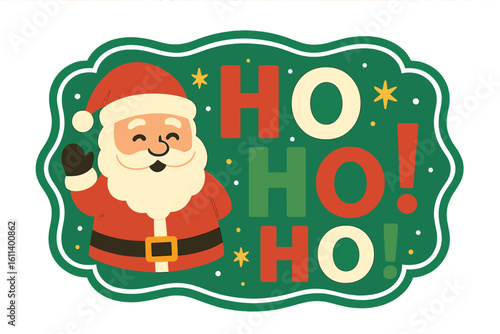 A vintage Merry Christmas greeting card featuring Santa Claus and his iconic Ho Ho Ho, suitable for print and web use including postcards, banners, and invitations, presented as a vector illustration