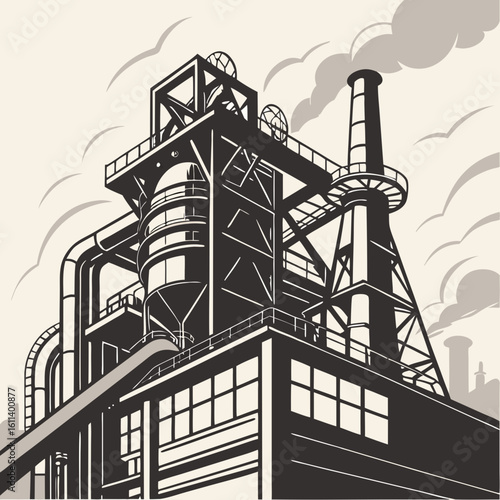 Monochrome Illustration of Industrial Factory Building