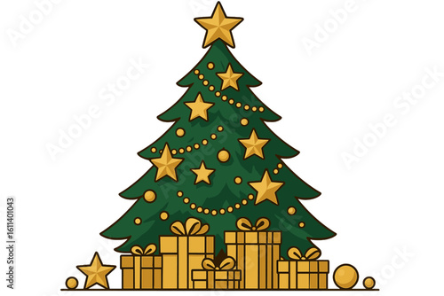 Un biglietto o uno striscione d'oro su sfondo nero per augurare Buon Natale e Felice Anno Nuovo, decorato con un albero formato da una palla di Natale, streamer, abete, stella, regali, bastoncino di