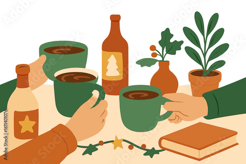 Colorful cartoon holiday illustration of human hands holding a mug with eggnog, surrounded by gifts and greeting cards with Merry Christmas wishes, along with a bottle of eggnog