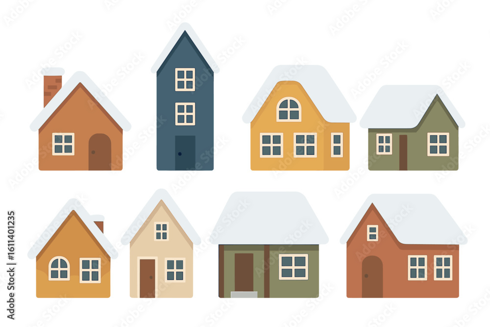 Vector 3D flat illustration of isometric Christmas decorated houses featuring a Christmas tree and snowman Vector 3D flat illustration of isometric Christmas decorated houses featuring a Christmas tree and snowman