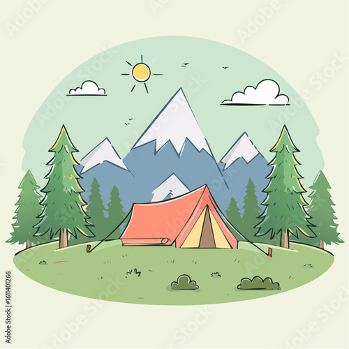 Camping doodle icon set, vector hand drawn forest travel line illustration, mountain hiking object.