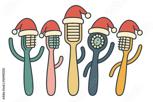 Illustration of a happy family tooth wearing a Santa hat on a blue background, wishing Merry Christmas and Happy New Year amidst snow