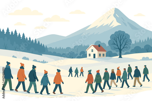 Vector illustration of a horizontal winter banner featuring a city's Christmas and New Year's celebration, with children happily sledding and ice skating in a park
