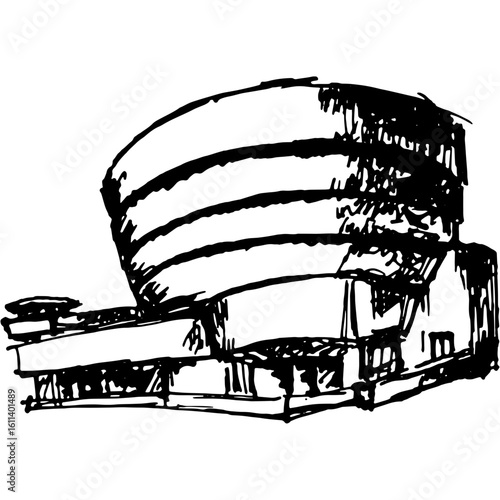 A conceptual hand-drawn sketch of an iconic spiral landmark building. Illustration of modern urban architectural design.