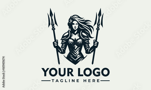 Female warrior in armor holding two tridents, with flowing hair, presented as a logo design.
