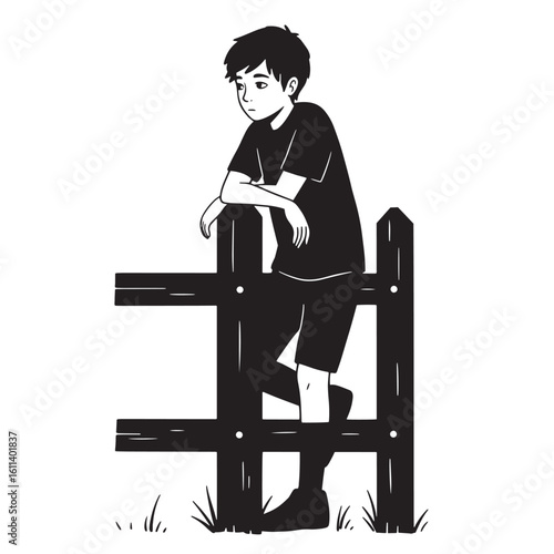 A pensive young boy leaning on a wooden fence isolated on white background