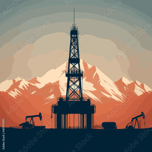 Silhouette of an oil drilling rig against a mountainous sunset background