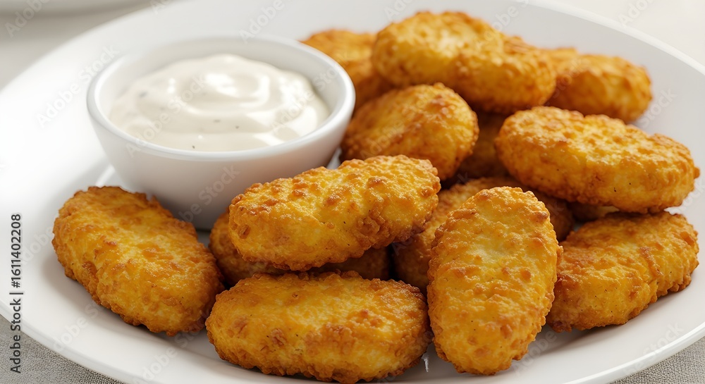 Crispy Chicken Nuggets Served with Dipping Sauce on a White Plate – Classic Fast Food Snack or Appetizer, Perfect for Parties, Kids’ Meals, Takeout, or Satisfying Your Craving for Crunchy Comfort Food Crispy Chicken Nuggets Served with Dipping Sauce on a White Plate – Classic Fast Food Snack or Appetizer, Perfect for Parties, Kids’ Meals, Takeout, or Satisfying Your Craving for Crunchy Comfort Food