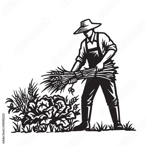 Black and white illustration of a farmer harvesting crops in a field for agriculture