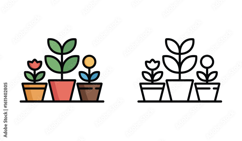 Fototapeta premium Cartoon Plants in Pots Vector Illustration Minimalist Gardening Decoration Botanical Floral Design