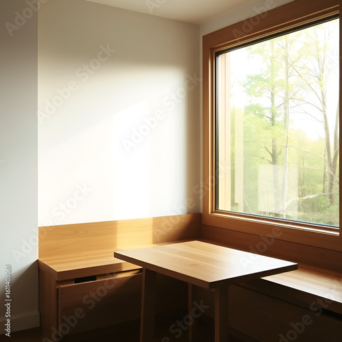 A custom-built wooden window seat with an integrated table, bathed in the soft, inviting light from the large window, offering a cozy yet spacious minimalist retreat