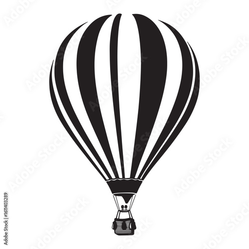 Elegant black and white hot air balloon illustration representing travel and exploration