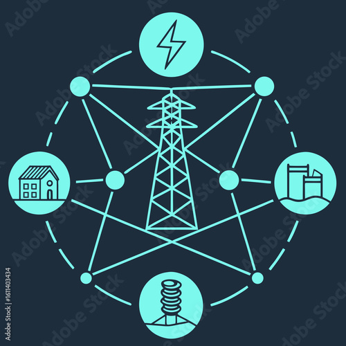 Power Grid Network: Teal and Dark Blue Illustration