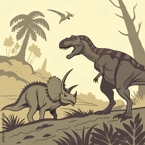 Prehistoric Dinosaur Encounter: Tyrannosaurus and Triceratops in Sepia Tones