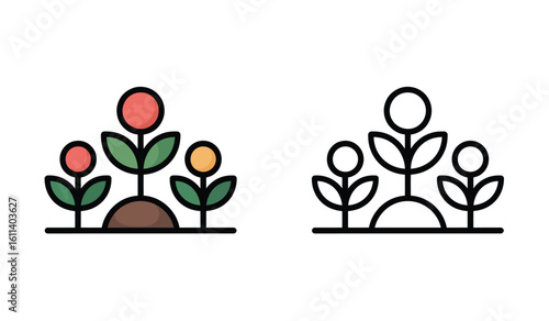 Colorful and Outline Garden Plants Illustration with Three Flowers in Varied Stages