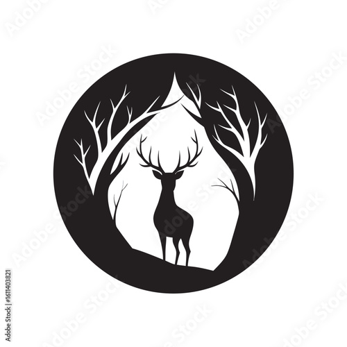 Deer Silhouette With Antlers Standing In Tree Hollow