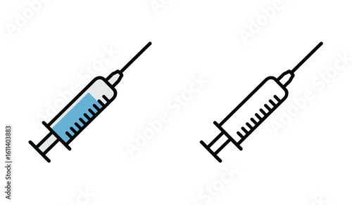 Medical Syringe Illustration Featuring an Injection with Blue Liquid and Empty Syringe Outlines