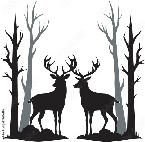 Two Antlered Bucks In Morning Fog Silhouette