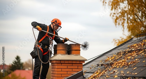 Worker cleaning chimney on residential rooftop