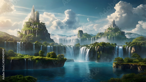 Surreal fantasy world with floating islands in the sky, waterfalls pouring from the edges, and magical lighting. No people. Dreamlike atmosphere, suitable for book covers or concept art.