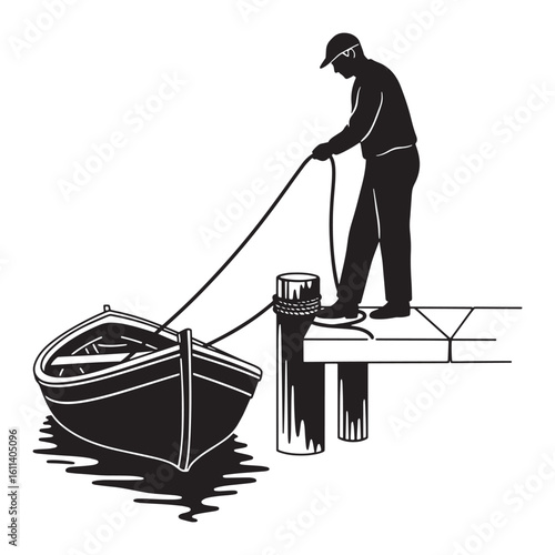 Silhouette of a fisherman tying a boat to the dock with rope in black and white