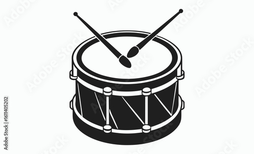 Snare drum silhouette, percussion instrument icon, black drum graphic, A snare drum silhouette vector, white background 