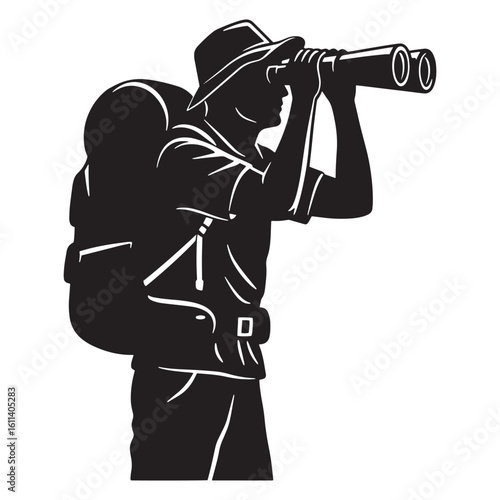 Silhouette of a hiker observing with binoculars outdoors with a backpack in a clean design