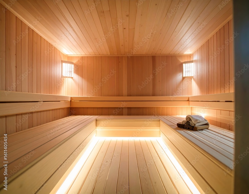 Fototapeta premium Warm interior of a modern infrared sauna with wooden walls and benches