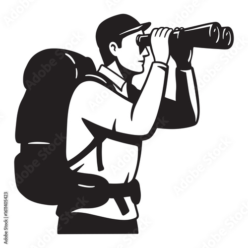 Silhouette of a hiker with a backpack using binoculars for observation during a hike