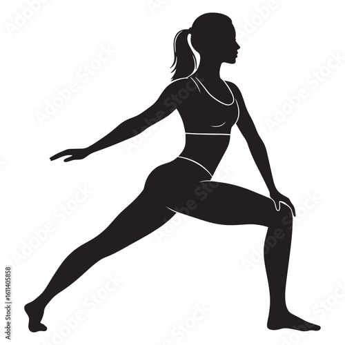 Silhouette of a woman performing a lunge exercise for fitness and wellness on white background