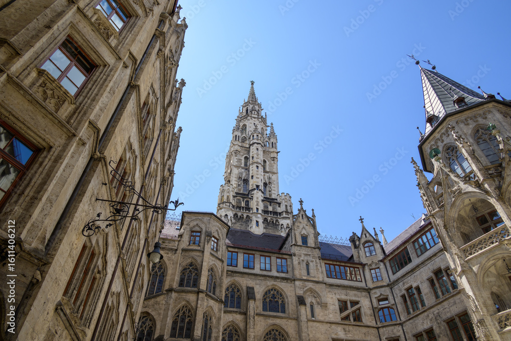Obraz premium New Town Hall, Neues Rathaus, city government building on Marienplatz square in central Munich in Bavaria, Germany