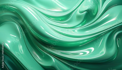 abstract background of flowing mint green liquid with glossy surface and light reflections